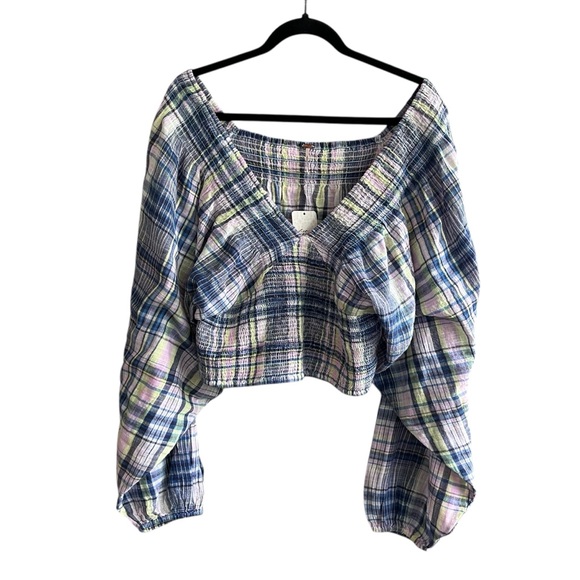 Free People Nicole Smocked Plaid Crop Top - Size L - Blue/Pink/Yellow - Picture 3 of 12